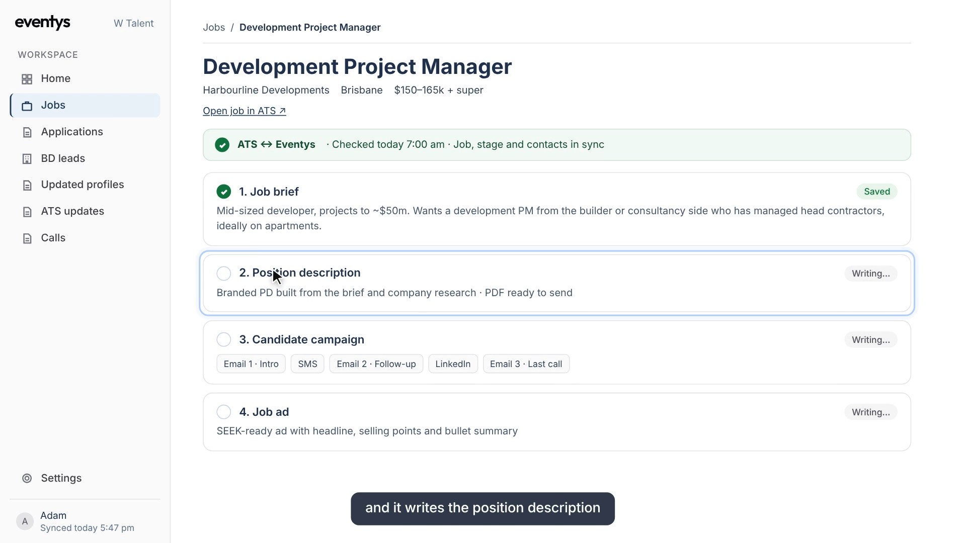 Job checklist from the supplied Eventys Recruitment Harness demo